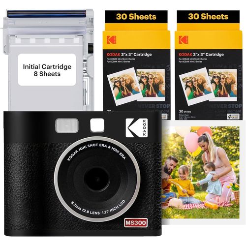 MONDODIGITALE-Mini Shot 3 Era 4Pass 2-In-1 Appareil Photo Instantané Et Imprimante Photo Portable (7,6X7,6Cm) Appareil Photo + Paquet Avec 68 Feuilles, Noir